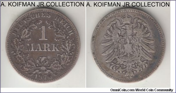 KM-7, 1876 Germany (Empire) mark, Frankfurt mint (C mint mark); silver, reeded edge; Wilhelm I, good fine.