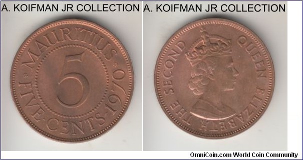 KM-34, 1970 Mauritius 5 cents; bronze, plain edge; Elizabeth II, red brown uncirculated.