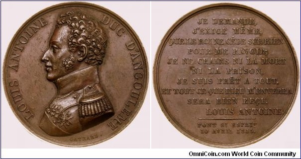 French medal - Louis Antoine, Duke of Angoulême.