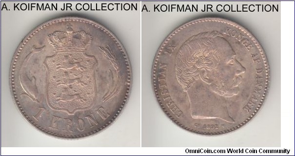 KM-797.1, 1892 Denmark krone; silver, reeded edge; Christian IX, nice pleasant extra fine.