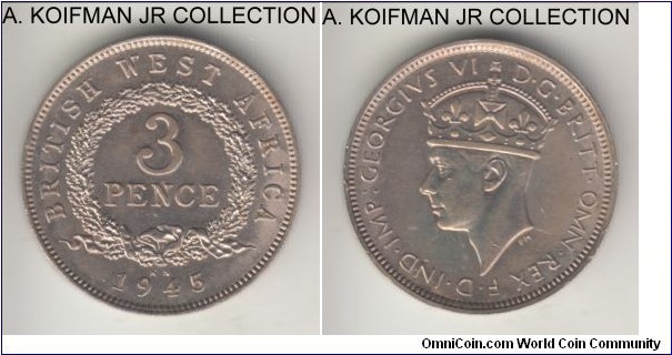 KM-21, 1945 British West Africa 3 pence, King Norton's mint (KN mint mark); copper-nickel, security reeded and grooved edge; George VI, almost uncirculated, obverse had been cleaned/wiped.