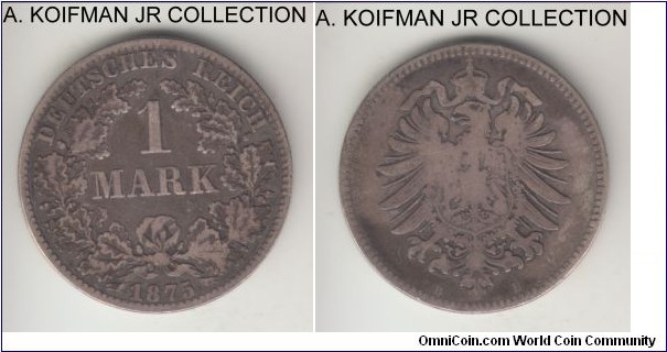 KM-7, 1875 Germany (Empire) mark, Hanover mint (B mint mark); silver, reeded edge; Wilhelm I, early unified imperial coinage, very good (reverse) to good fine (obverse).