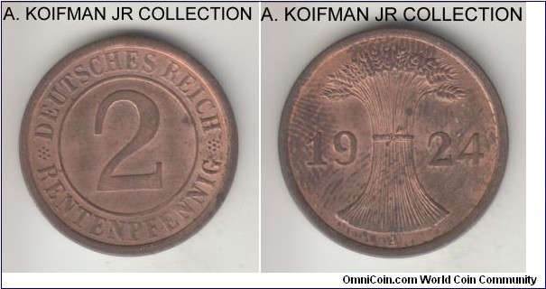 KM-32, 1924 Germany (Weimar Republic) 2 rentenpfennig, Berlin mint (A mint mark); bronze, plain edge; early Weimar 2-year type and common year/mint, red brown uncirculated.