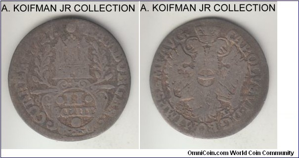 KM-357, 1727 German States Hamburg 2 schilling; silver, plain edge; Free City, most common of the 3 year type, very good to fine.