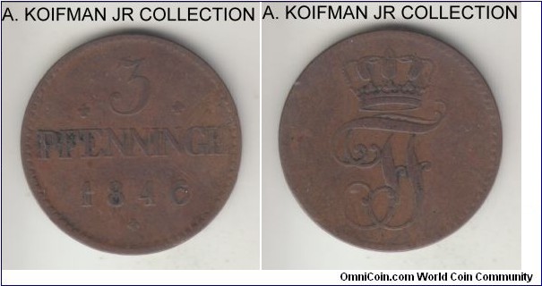 KM-299, 1846 Mecklenburg-Schwerin 3 pfenning, Schwerin mint (no mint mark); copper, plain edge; Duke Fredrick Francis II, relatively scarce with mintage of 72,997 struck, good fine or slightly better.