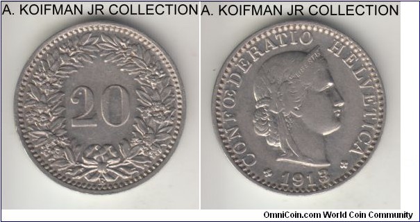 KM-26, 1913 Switzerland 20 rappen, Berne mint (B mint mark); nickel, plain edge; extra fine or so.