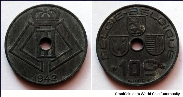 Belgium 10 centimes. 1942, Zinc. BELGIE-BELGIQUE.