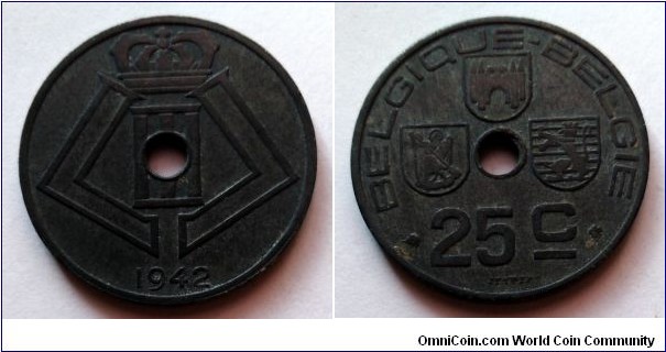 Belgium 25 centimes. 1942, Zinc. BELGIQUE-BELGIE.