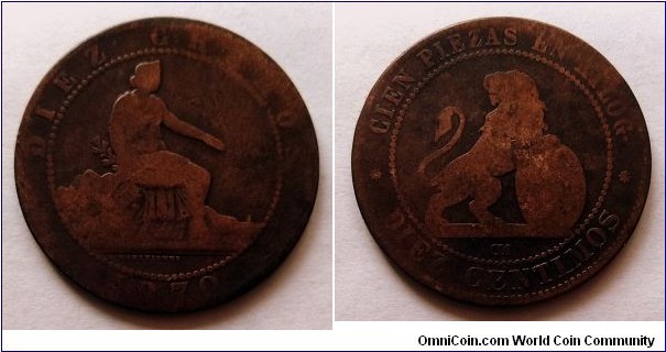 Spain (Provisional Government) 10  centimos. 1870 OM