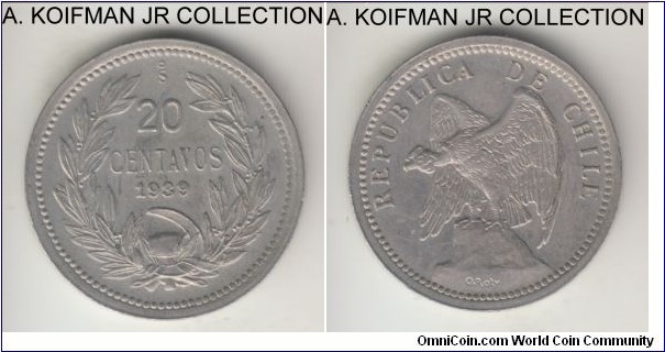 KM-167.3, 1939 Chile 20 centavos; copper-nickel, plain edge; regular date variety, good extra fine with some light overall toning.