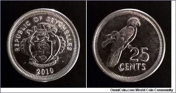 Seychelles 25 cents. 2010, Nickel plated steel.