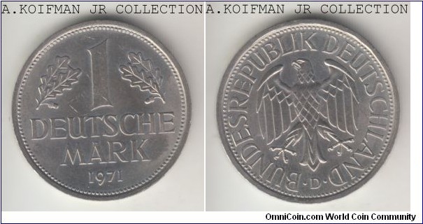 KM-110, 1971 Germany mark, Munich mint (D mintmark); copper-nickel, ornamented edge; average uncirculated.