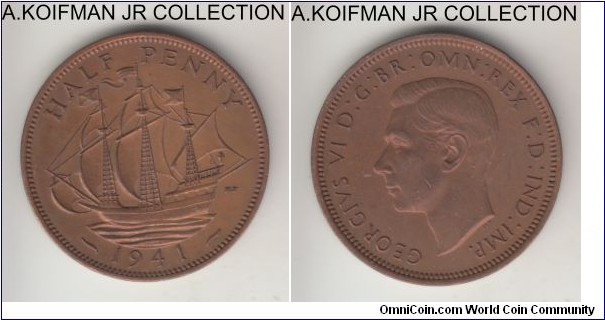 KM-844, 1941 Great Britain half penny; bronze, plain edge; George VI, light brown almost uncirculated.