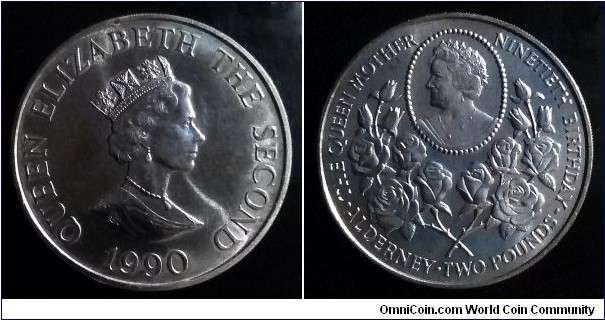 Alderney 2 pounds. 1990, Queen Mother's 90th Birthday.