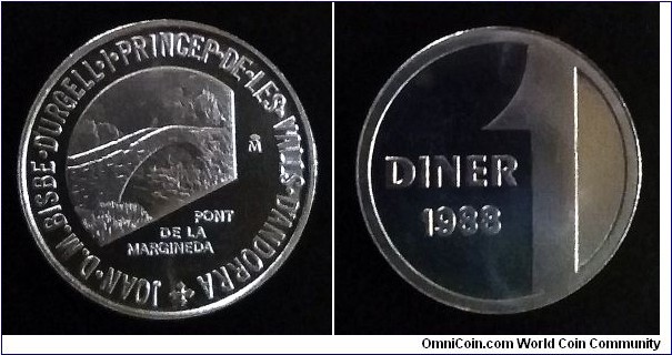 Andorra 1 diner. 1988, Andorran Romanesque - Pont de la Margineda. Mintage: 5.000 pcs.