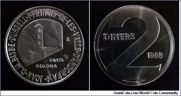 Andorra 2 diners. 1988, Andorran Romanesque - Church of Santa Coloma. Mintage: 5.000 pcs.
