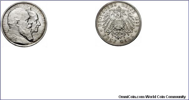 Baden 5 Marks.  Friedrich I.  Golden Wedding Anniversary issue. Conjoined busts of Friedrich and Luise  Nice UNC.