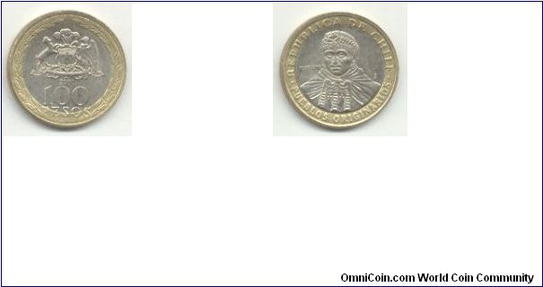 Bimetallic 100 Pesos - Mapuche indian