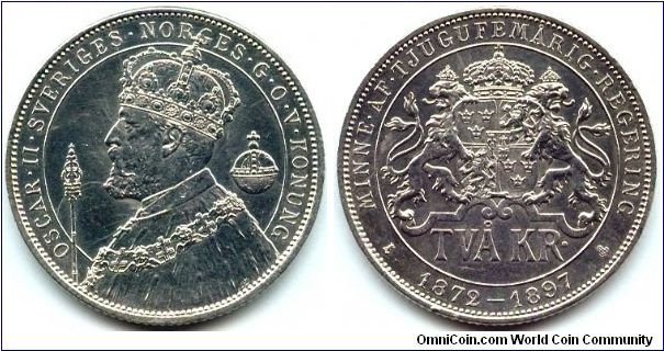 Sweden, 2 kronor 1897.
King Oscar II. Silver Jubilee of Reign.