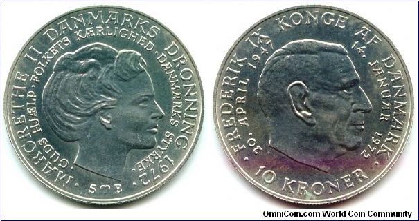 Denmark, 10 kroner 1972.
Death of King Frederik IX and Accession of Queen Margrethe II.