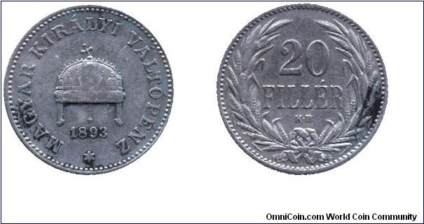Hungary, 20 fillérs, 1893, Ni. On the obverse is the Hungarian Royal Crown.                                                                                                                                                                                                                                                                                                                                                                                                                                         