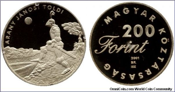 Hungary, 200 forints, 2001, Cu-Ni-Zn. Commemorating the popular Hungarian literature Toldi.                                                                                                                                                                                                                                                                                                                                                                                                                         