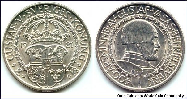 Sweden, 2 kronor 1921.
King Gustaf I Vasa. 400th Anniversary of Political Liberty.