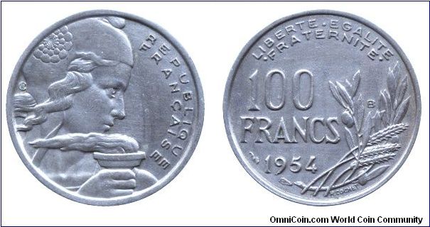 4th French Republic, 100 francs, 1954, Cu-Ni, 24mm, 6g, MM: B.                                                                                                                                                                                                                                                                                                                                                                                                                                                      