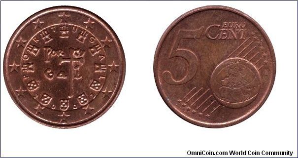 Portugal, 5 euro cents, 2002, Cu-St.                                                                                                                                                                                                                                                                                                                                                                                                                                                                                