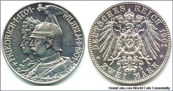 Prussia, 2 mark 1901.
King Friedrich I and King Wilhelm II - 200 Years Kingdom of Prussia.