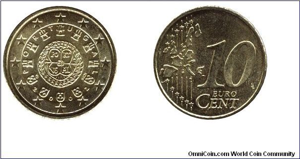 Portugal, 10 euro cents, 2002, Cu-Al-Zn-Sn.                                                                                                                                                                                                                                                                                                                                                                                                                                                                         