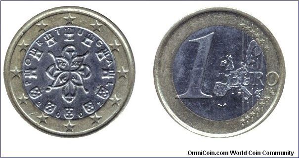 Portugal, 1 euro, 2002, Ni-Brass-Cu-Ni, bimetallic.                                                                                                                                                                                                                                                                                                                                                                                                                                                                 