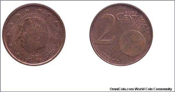 Belgium, 2 euro cents, 2000, Cu-St, 18.75mm, 3.06g, King Albert II.                                                                                                                                                                                                                                                                                                                                                                                                                                                 