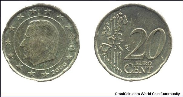 Belgium, 20 euro cents, 2000, Cu-Al-Zn-Sn, 22.25mm, 5.74g, King Albert II.                                                                                                                                                                                                                                                                                                                                                                                                                                          