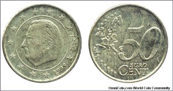 Belgium, 50 euro cents, 1999, Cu-Al-Zn-Sn, 24.25mm, 7.80g, King Albert II.                                                                                                                                                                                                                                                                                                                                                                                                                                          
