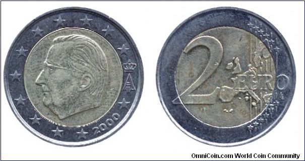 Belgium, 2 euros, 2000, Cu-Ni-Ni-Brass, bi-metallic, 25.75mm, 8.50g, King Albert II, bimetallic.                                                                                                                                                                                                                                                                                                                                                                                                                    