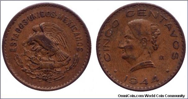 Mexico, 5 centavos, 1944, Bronze, Josefa Ortiz de Dominguez.                                                                                                                                                                                                                                                                                                                                                                                                                                                        
