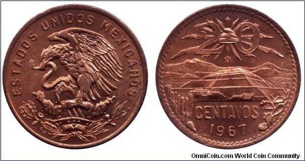 Mexico, 20 centavos, 1967, Bronze.                                                                                                                                                                                                                                                                                                                                                                                                                                                                                  