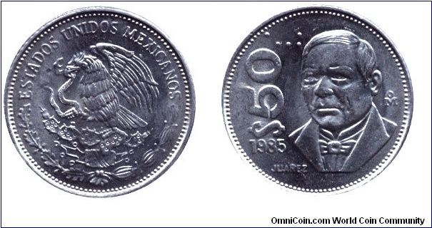 Mexico, 50 pesos, 1985, Cu-Ni, Benito Juarez.                                                                                                                                                                                                                                                                                                                                                                                                                                                                       