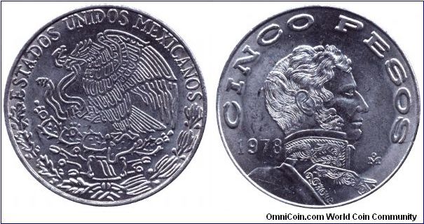 Mexico, 5 pesos, 1978, Cu-Ni, Vicente Guerrero.                                                                                                                                                                                                                                                                                                                                                                                                                                                                     