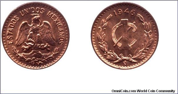 Mexico, 1 centavo, 1946, Bronze.                                                                                                                                                                                                                                                                                                                                                                                                                                                                                    