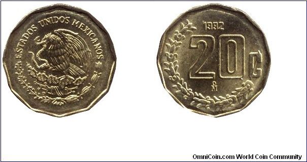 Mexico, 20 centavos, 1992, Al-Bronze.                                                                                                                                                                                                                                                                                                                                                                                                                                                                               