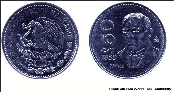 Mexico, 50 pesos, 1988, Steel, Benito Juarez.                                                                                                                                                                                                                                                                                                                                                                                                                                                                       