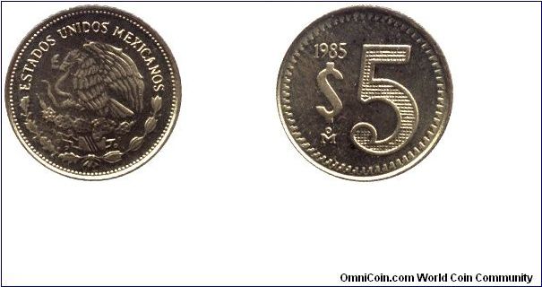 Mexico, 5 pesos, 1985, Brass.                                                                                                                                                                                                                                                                                                                                                                                                                                                                                       
