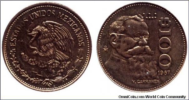 Mexico, 100 pesos, 1987, Al-Bronze, Venustiano Carranza.                                                                                                                                                                                                                                                                                                                                                                                                                                                            