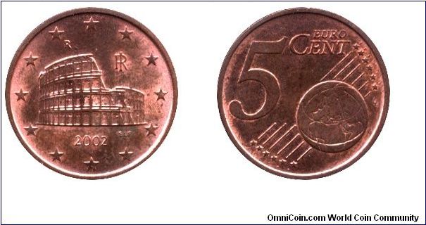 Italy, 5 euro cents, 2002, Cu-St, 21.25mm, 3.92g, MM: R (Rome), Colosseum (Flavius-amphiteatre)                                                                                                                                                                                                                                                                                                                                                                                                                     
