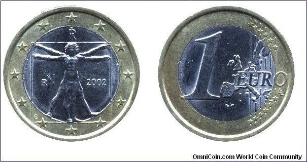 Italy, 1 euro, 2002, Ni-Brass-Cu-Ni, bimetallic, 23.25mm, 7.5g, MM: R (Rome), The famous drawing of Leonardo da Vinci about the ideal ratios of the human body. The drawing can be seen in the Venezian Accademia.                                                                                                                                                                                                                                                                                                  