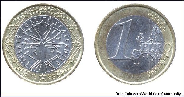 France, 1 euro, 1999, Ni-Brass-Cu-Ni, bi-metallic, 23.25mm, 7.5g.                                                                                                                                                                                                                                                                                                                                                                                                                                                   
