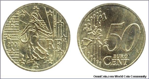 France, 50 euro cents, 2001, Cu-Al-Zn-Sn, 24.25mm, 7.8g.                                                                                                                                                                                                                                                                                                                                                                                                                                                            