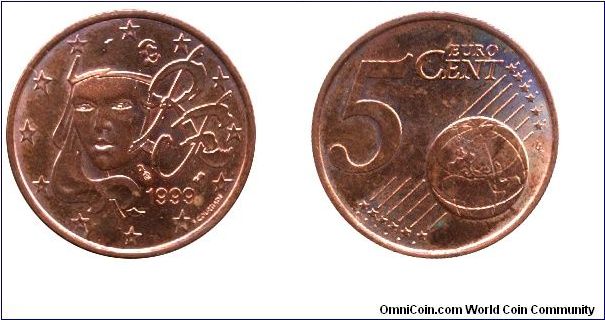 France, 5 euro cents, 1999, Cu-St, 21.25mm, 3.92g.                                                                                                                                                                                                                                                                                                                                                                                                                                                                  
